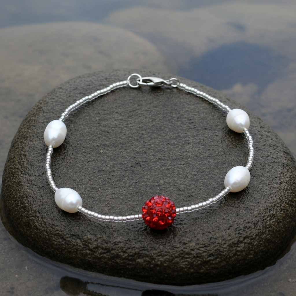Wit zoetwater parel armband met rode stras stenen liggend op natte steen | Pearl Stras Ball Red