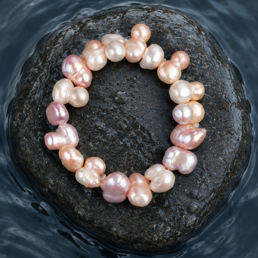Elastisch zoetwaterparel armband in pastel kleuren, wit, licht roze en zalm liggend op steen in water | Pomona