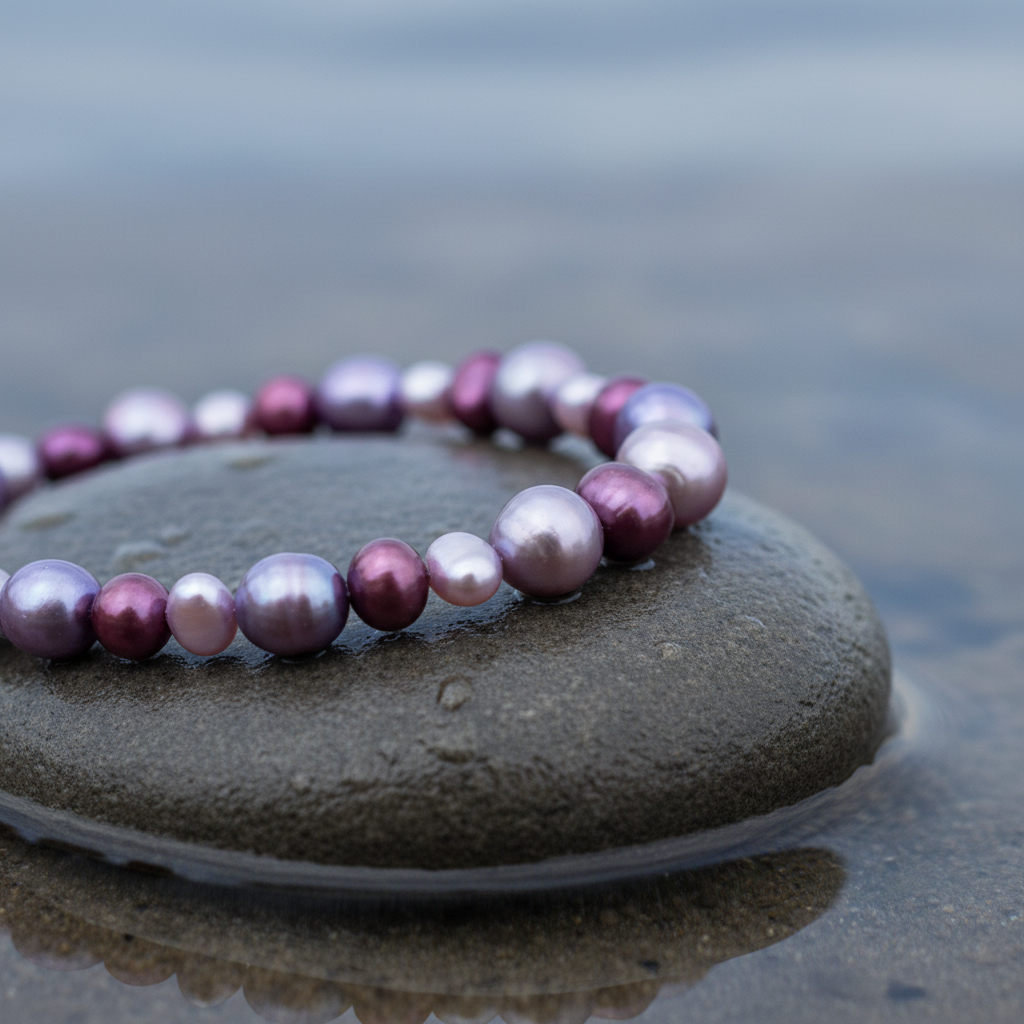 Zoetwater parel armband met lila en rode parels liggend op steen in water, elastisch | Pulla