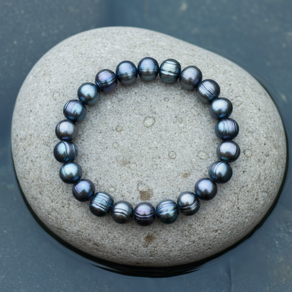 Zoetwater parel armband Renate met donkere parels (blauw,paars,groen) liggend op steen in water - elastisch - Renate