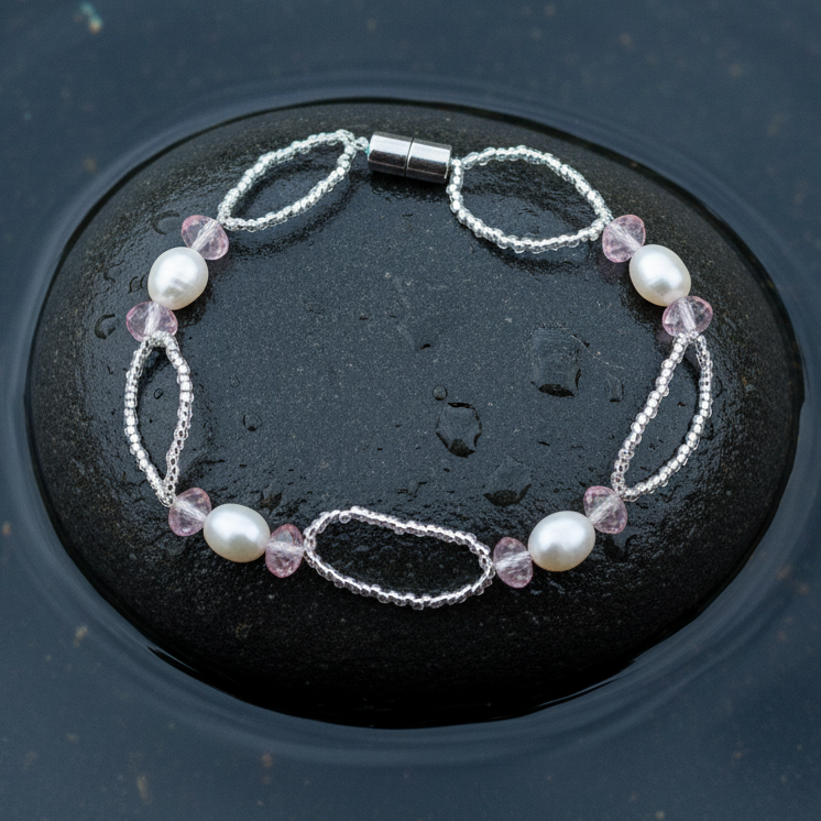 Zoetwater parel armband met witte parels, roze glaskristallen en magneetslot | set Rocio