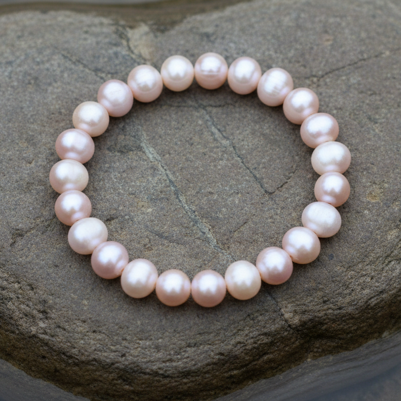 Roze zoetwaterparel armband liggend op steen, elastisch | Round Pink