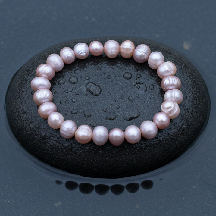 Roze zoetwater parel armband liggend op steen in water, elastisch | Rozemarijn