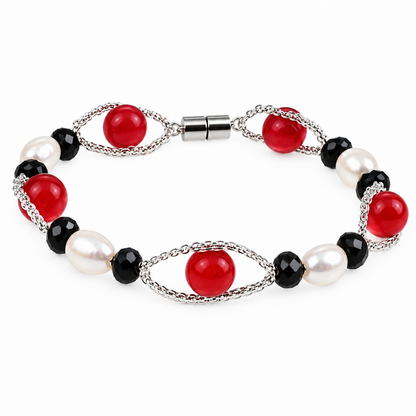 Zoetwaterparel armband met magneetslot, witte parels en rode en zwarte kralen | Santa