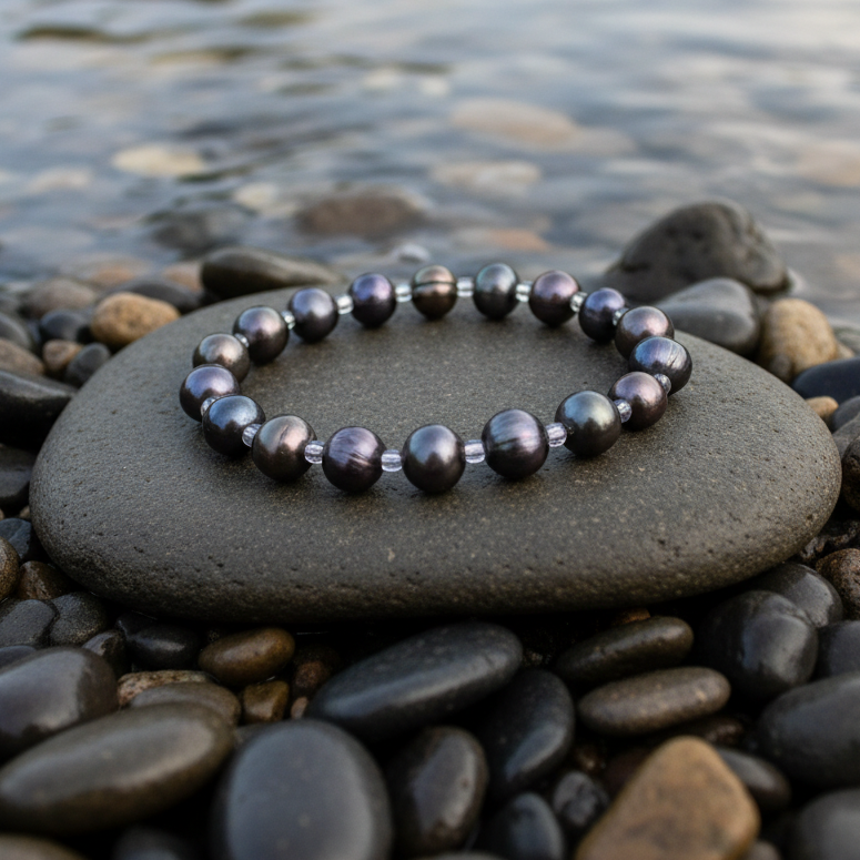 Zoetwater parel armband met bruin paarse parels liggend op steen in water, elastisch armband | Seed Bead Pearl Dark