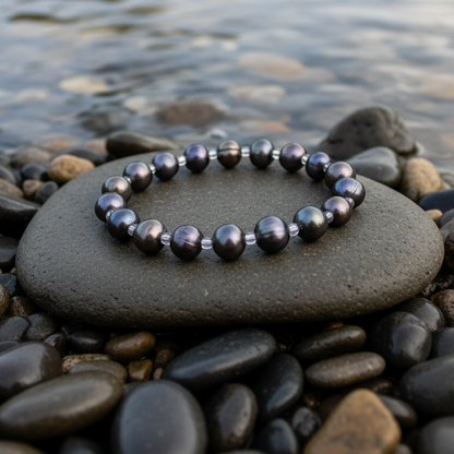 Zoetwater parel armband met bruin paarse parels liggend op steen in water, elastisch armband | Seed Bead Pearl Dark