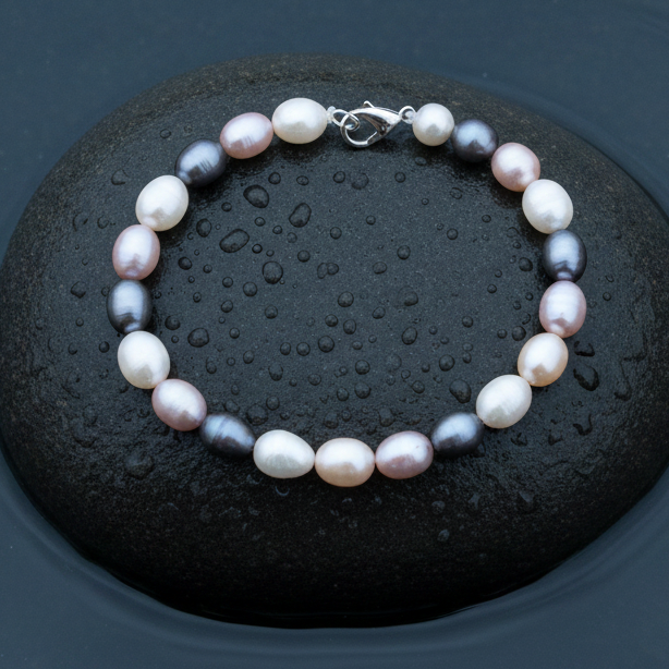 Handgeknoopt zoetwater parel armband met wit, zalm, roze en grijs blauwe parels en sterling zilver (925) liggend op natte steen | Sheila