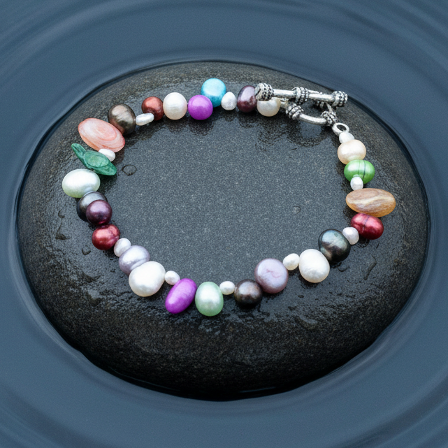 Zoetwater parel armband met bont gekleurde parels liggend op steen in water | Sparkling Color Mini