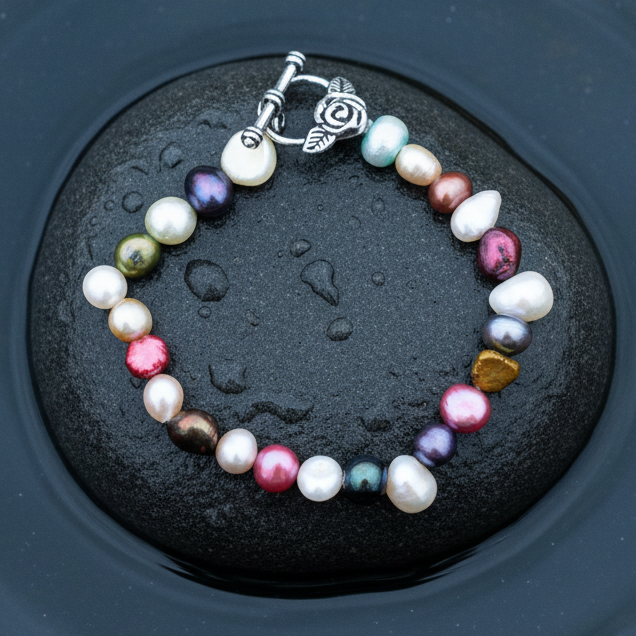 Zoetwater parel armband met bont gekleurde parels liggend op steen in water | Sparkling Color