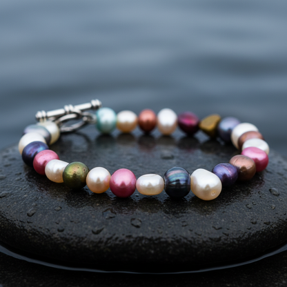 Zoetwater parel armband met bont gekleurde parels liggend op steen in water close up | Sparkling Color