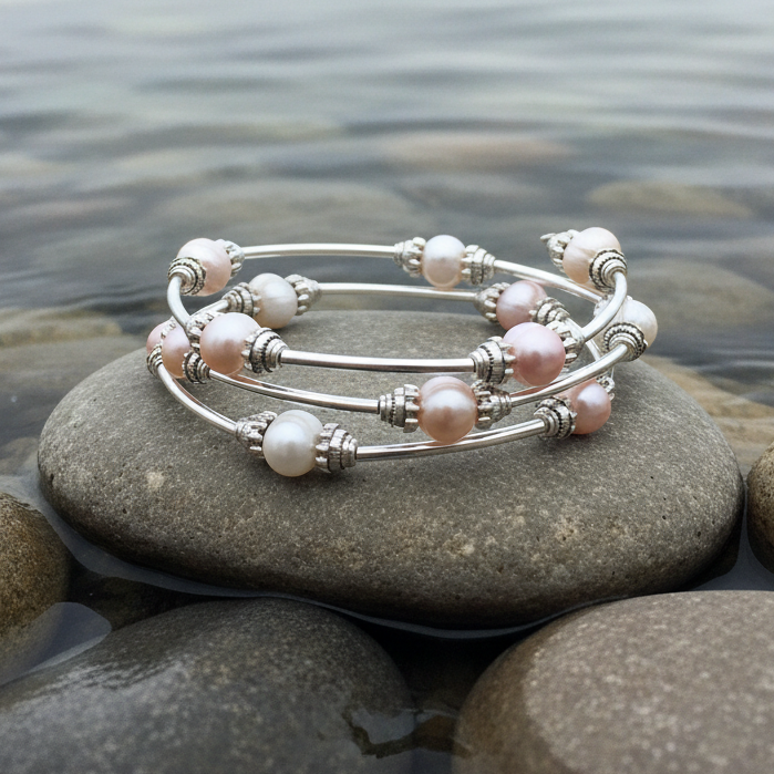 Zoetwater parel wikkelarmband met witte, roze en zalm kleurige parels liggend op beige steen in water | Three Loops Soft Color Pearl