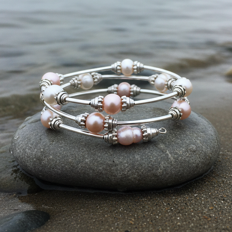Zoetwater parel wikkelarmband met witte, roze en zalm kleurige parels liggend op steen aan de waterrand | Three Loops Soft Color Pearl