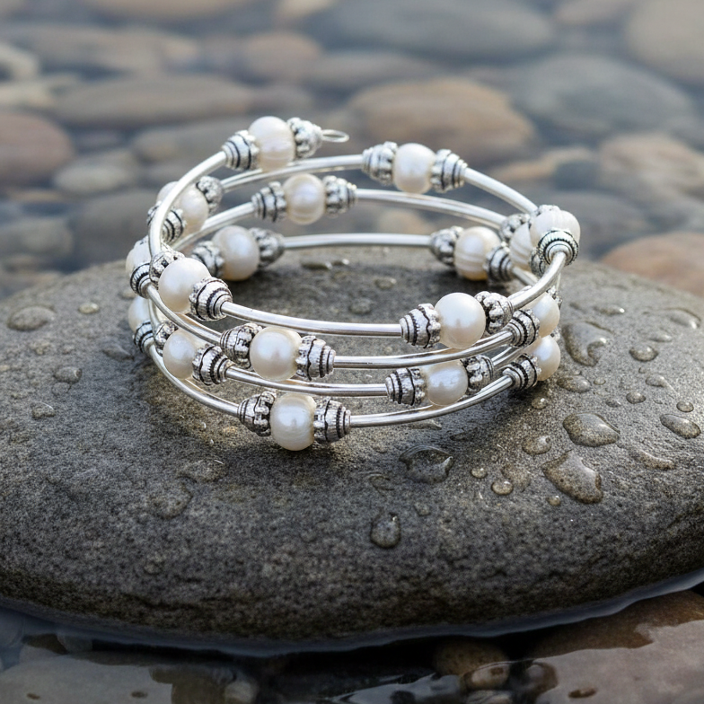Wit zoetwater parel wikkelarmband liggend op steen in water | Three Loops White Pearlarmband