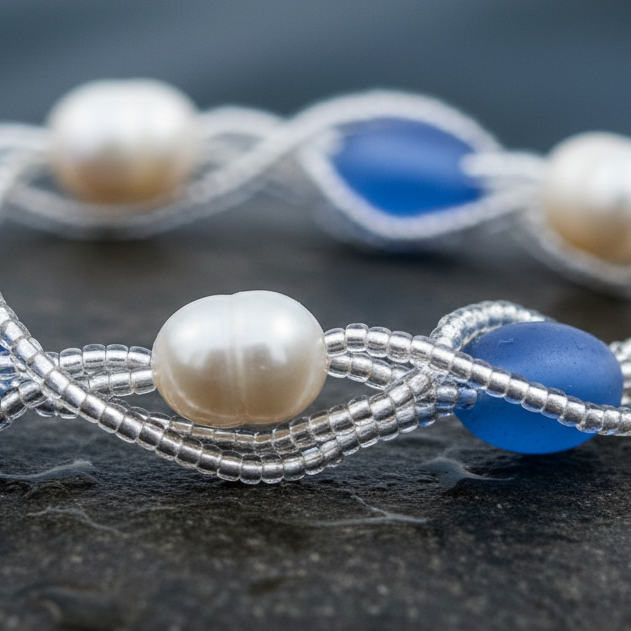 Wit zoetwater parel armband met licht blauwe glaskralen liggend op steen in water close up | Twine Pearl Heaven Blue