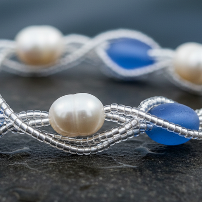 Wit zoetwater parel armband met licht blauwe glaskralen liggend op steen in water close up | Twine Pearl Heaven Blue
