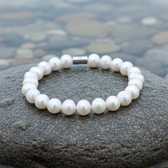 Wit handgeknoopt zoetwater parel armband met magneetslot liggend op natte steen | Walla Two