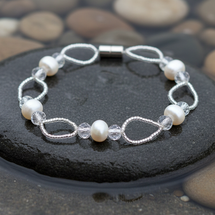 Wicio parel armband close-up op grijze natte steen bij oever