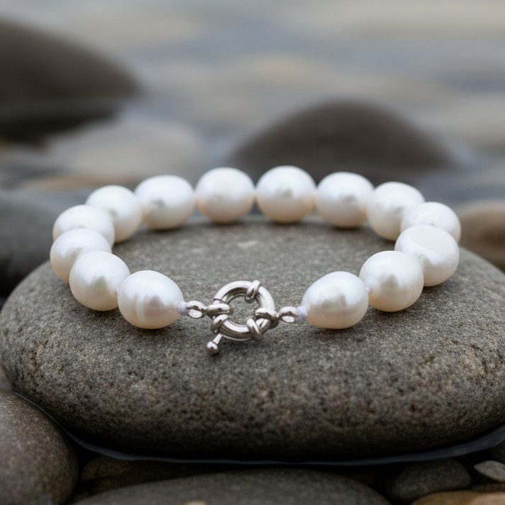 Witte handgeknoopte zoetwater parel armband liggend op steen aan waterrand | Wola Two
