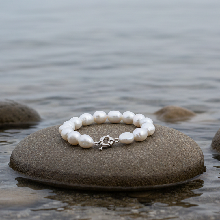 Witte handgeknoopte zoetwater parel armband liggend op steen in meer | Wola Two