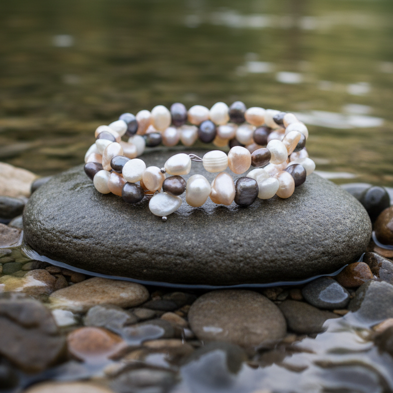 Zoetwater parel wikkel armband in de kleuren wit, zalm en bruin liggend op steen in water | Zen Earth