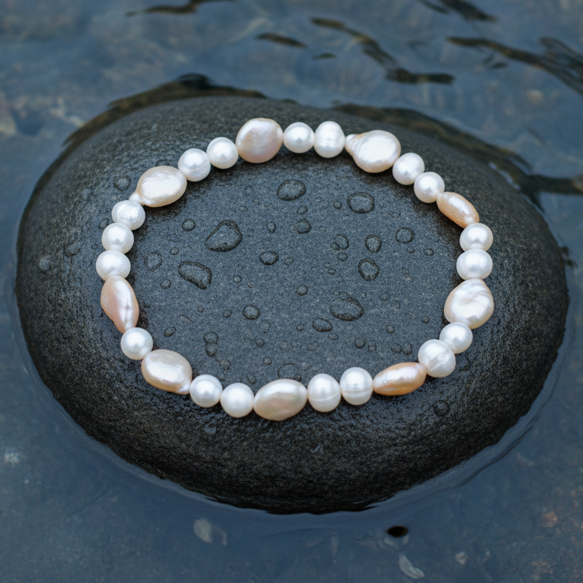 Zoetwater parel armband met wit en zalm kleurige parels liggend op steen in water | Zicoin