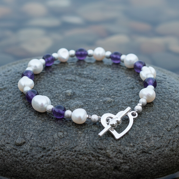 Wit zoetwater parel armband met paarse amethist en hartjes slotje liggend op natte steen | Pearl Heart Amethyst