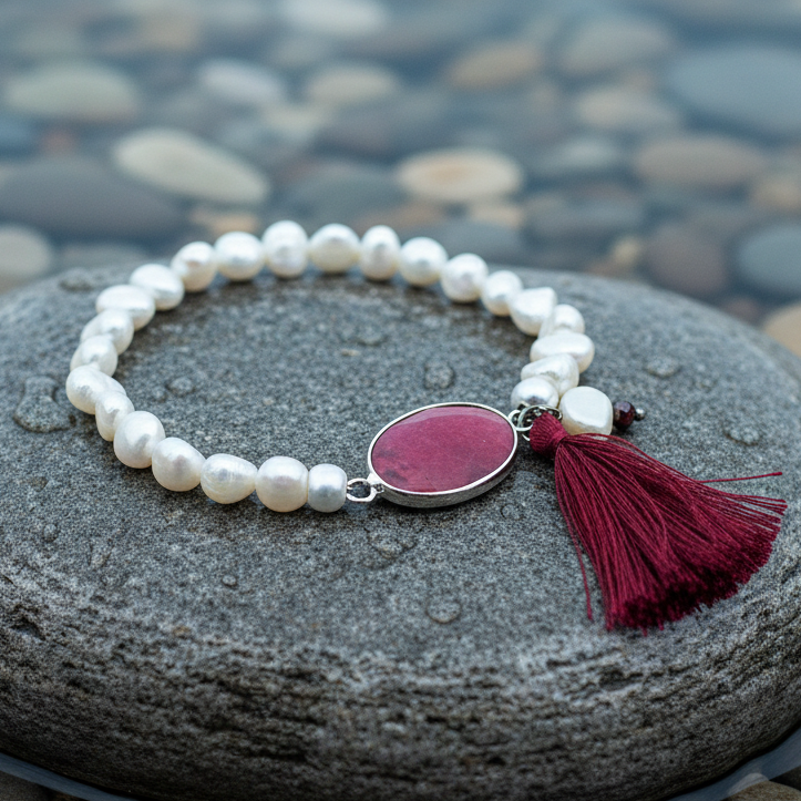 Wit zoetwater parel armband met rode agaat en kwastje liggend op natte steen, elastisch | Pearl Red Agate Tuft