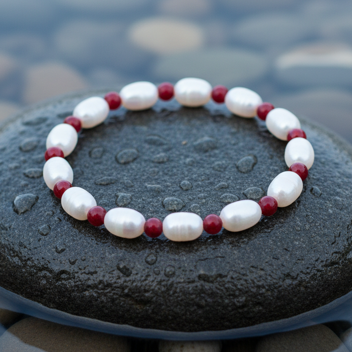 Wit zoetwater parel armband met rood koraal liggend op natte steen, elastisch | Claudine