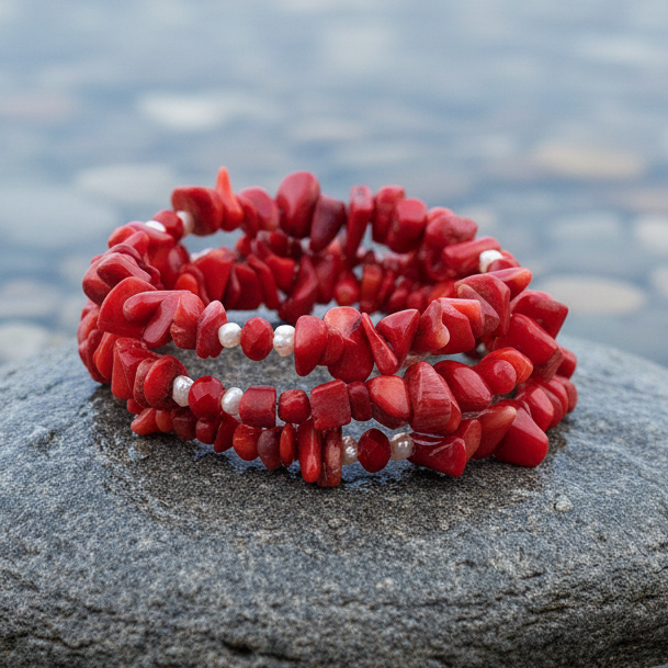 Wit zoetwater parel wikkelarmband met rood koraal liggend op steen | Wrap Coral Pearl