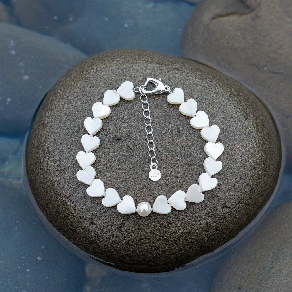 Wit zoetwater parel armband met wit parelmoeren hartjes liggend op steen | White Pearl Heart Shell