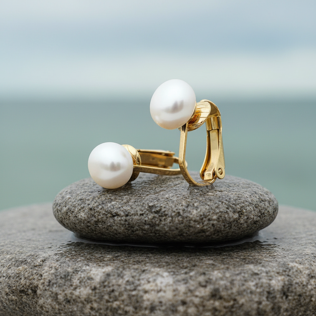 Grote witte zoetwater parel clips oorbellen met goud edelstaal liggend op steen | Gold White Clip Pearl 8 mm
