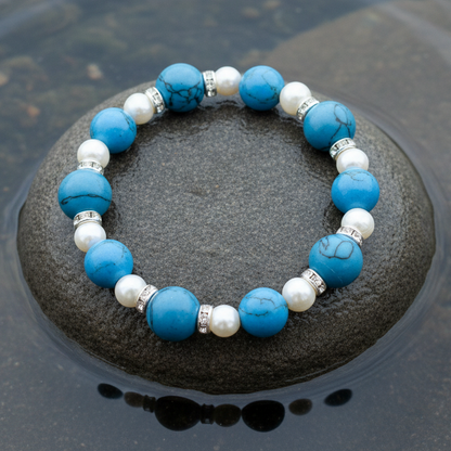 Wit zoetwater parel armband met edelsteen turkoois en stras steentjes, elastisch liggend op steen in water | Bling Pearl W Turquoise