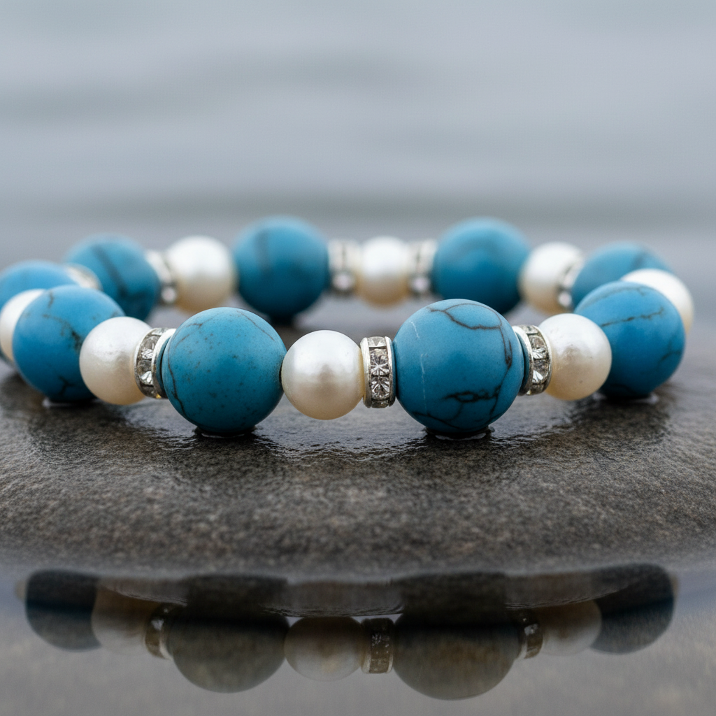 Wit zoetwater parel armband met edelsteen turkoois en stras steentjes, elastisch liggend op steen in water | Bling Pearl W Turquoise