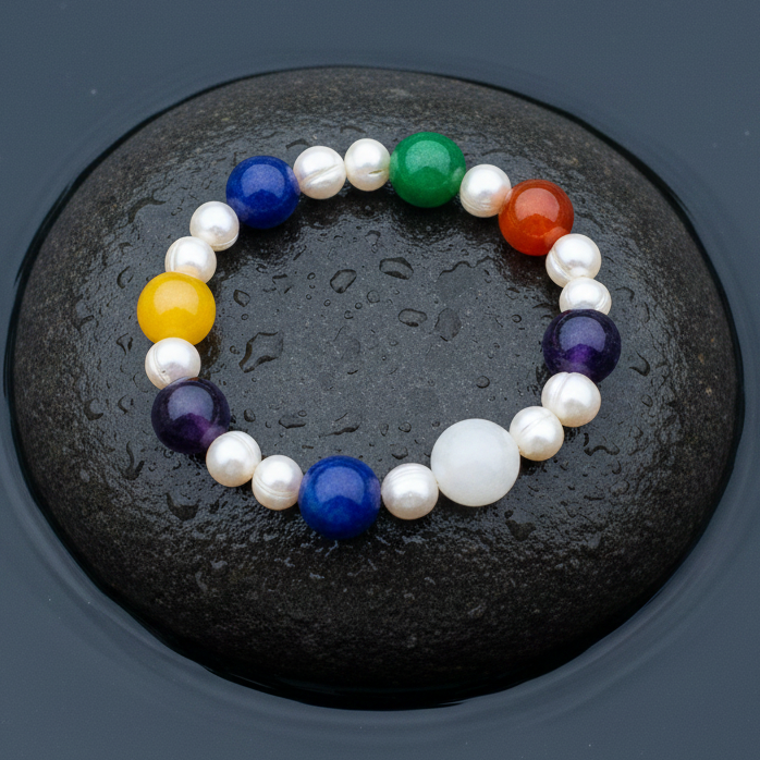 Wit zoetwater parel armband met vrolijk gekleurde agaat liggend op natte grijze steen | Decorative Agaat