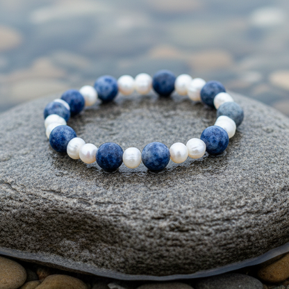 Zoetwater parel armband met blauwe edelstenen liggend op steen in water | Pearl Blue Spot
