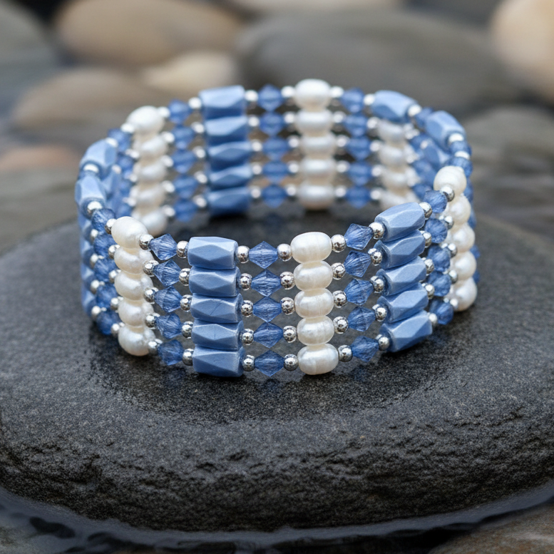 Wit zoetwater parel armband met blauwe magnetiet stenen, opgerold tot armband liggend op steen in water | Wrap Magnetite Blue Pearl