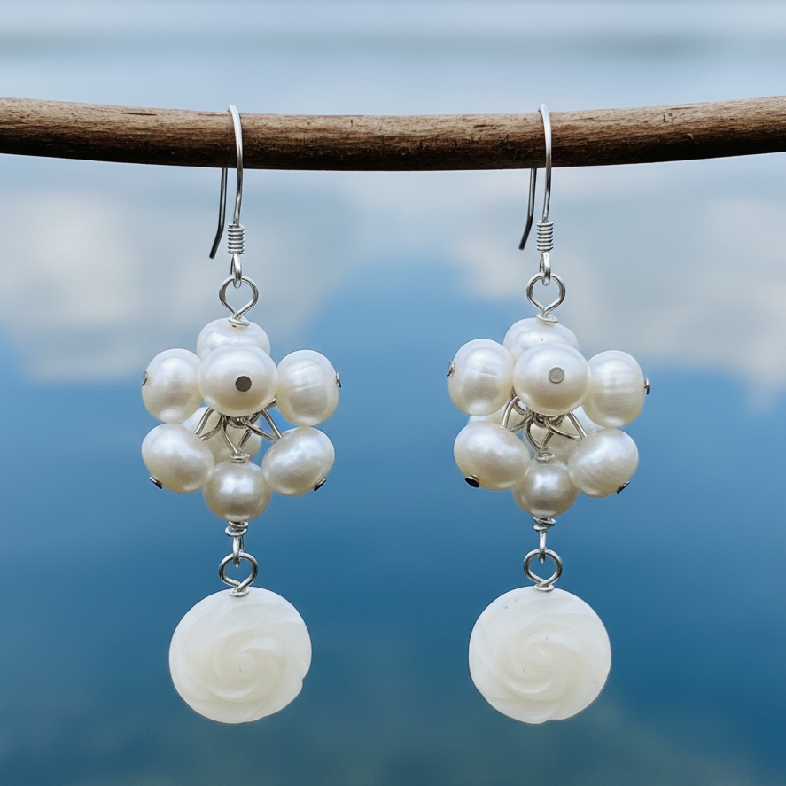 Witte zoetwater parel oorbellen met witte jade en sterling zilver (925) hangend aan takje | White Rose