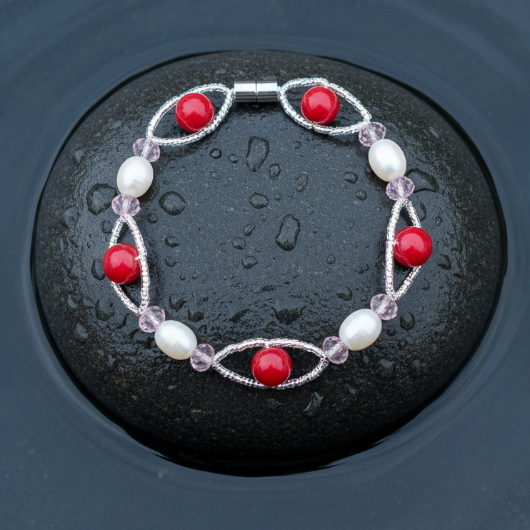 Wit zoetwater parel armband met magneetslot en roze en rode kralen liggend op steen in water | Recio