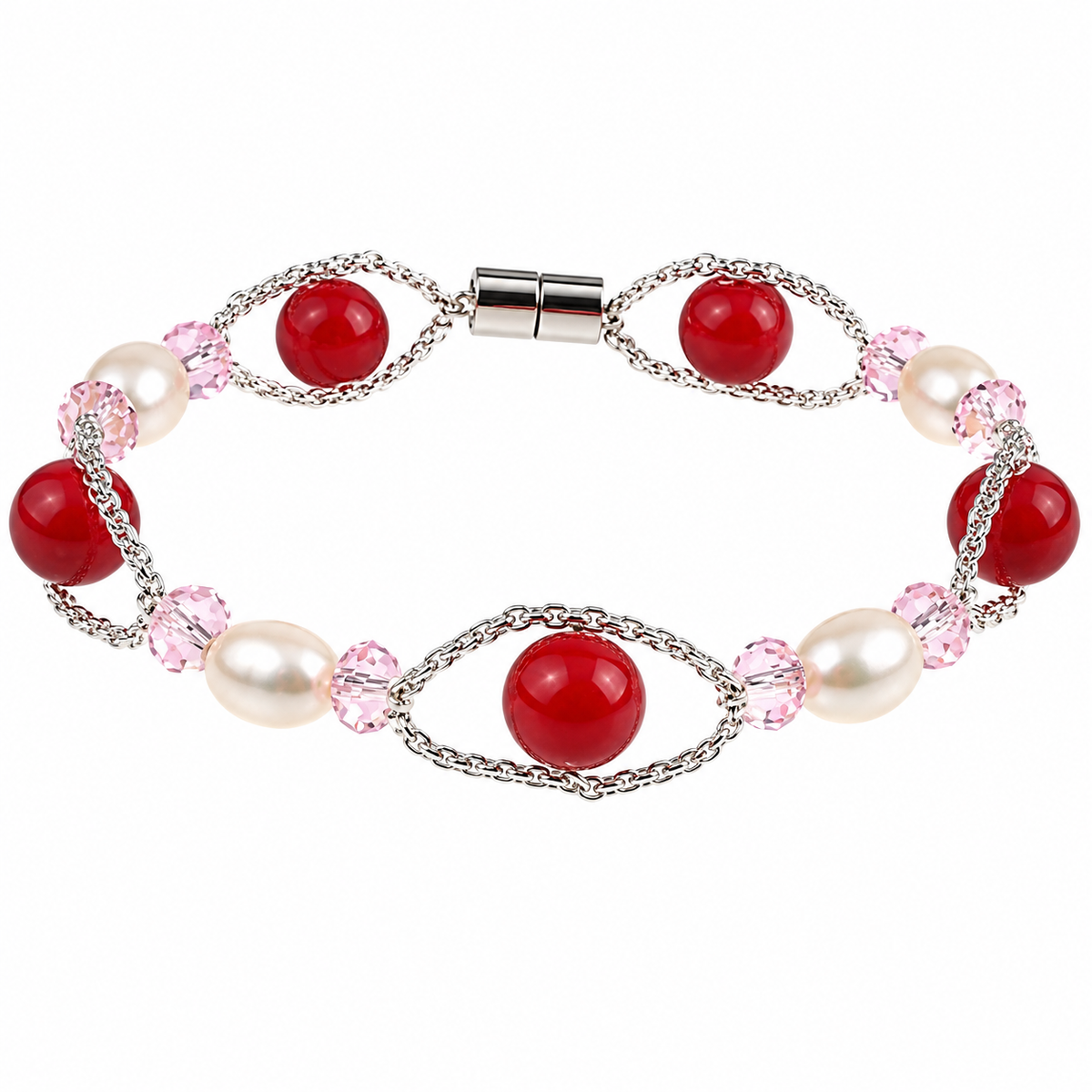 Wit zoetwater parel armband met magneetslot en roze en rode kralen | Recio