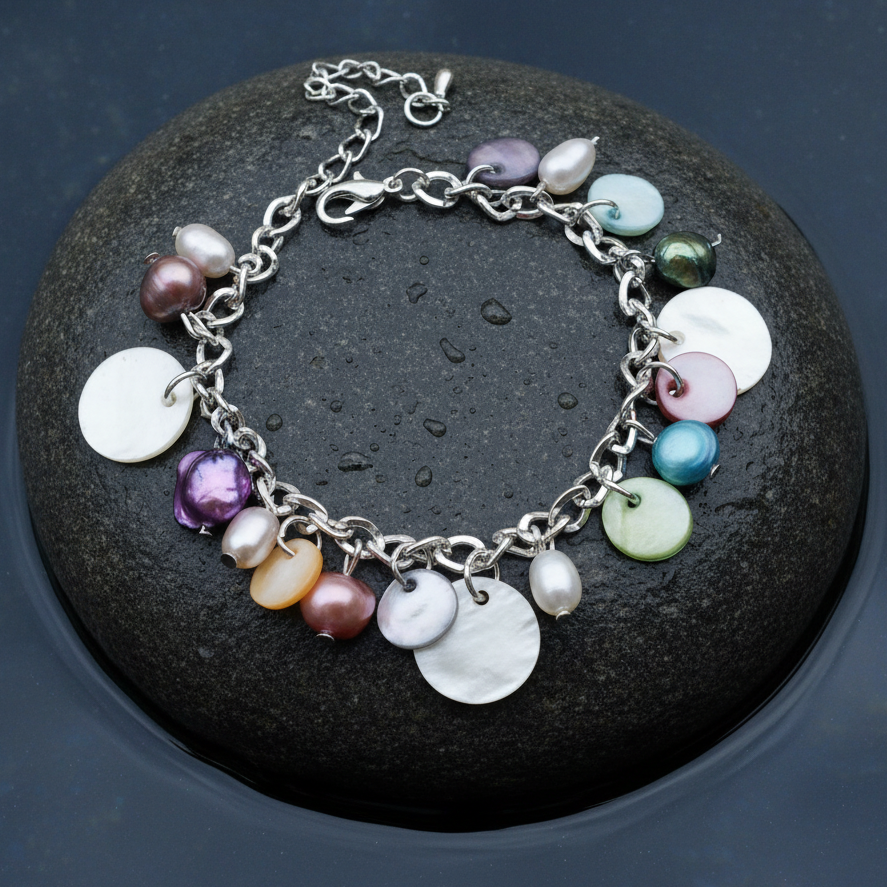 Zoetwater parel bedel armband met vrolijk gekleurde parels en parelmoer liggend op steen in water | Pearl Multi Color Shell