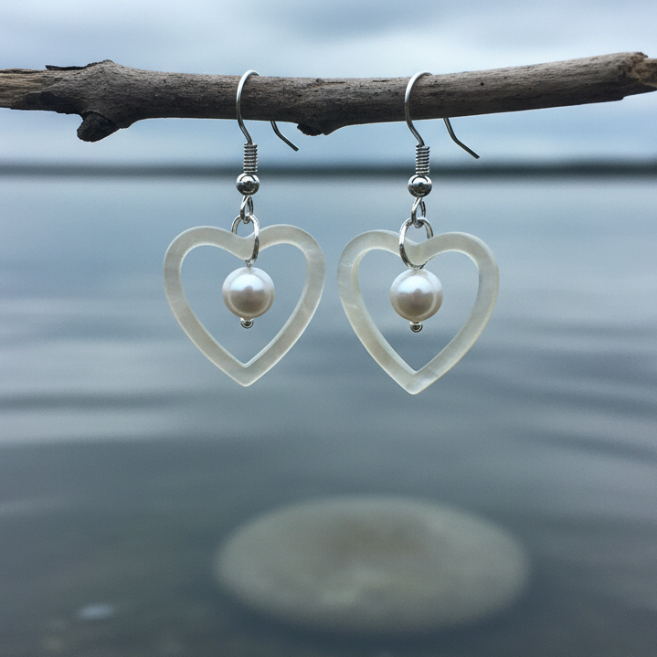 Parel en parelmoer hart oorbellen hangend aan takje