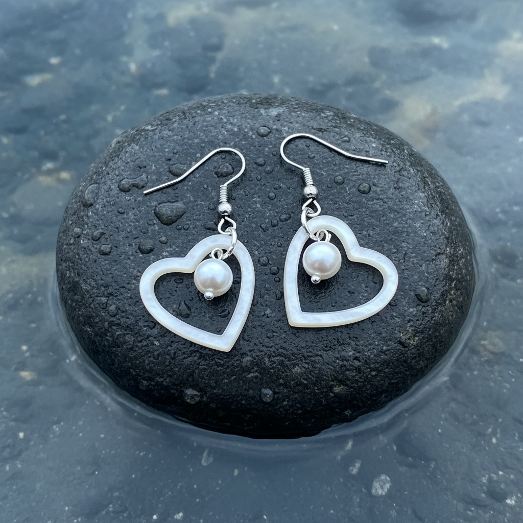 Parel en parelmoer hart oorbellen op natte steen