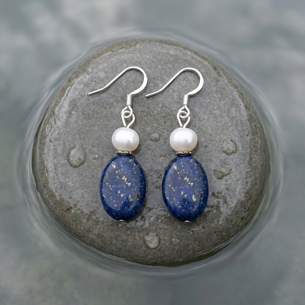 Zoetwater parel oorbellen met witte parel en lapis lazuli liggend op steen in water | Daphne