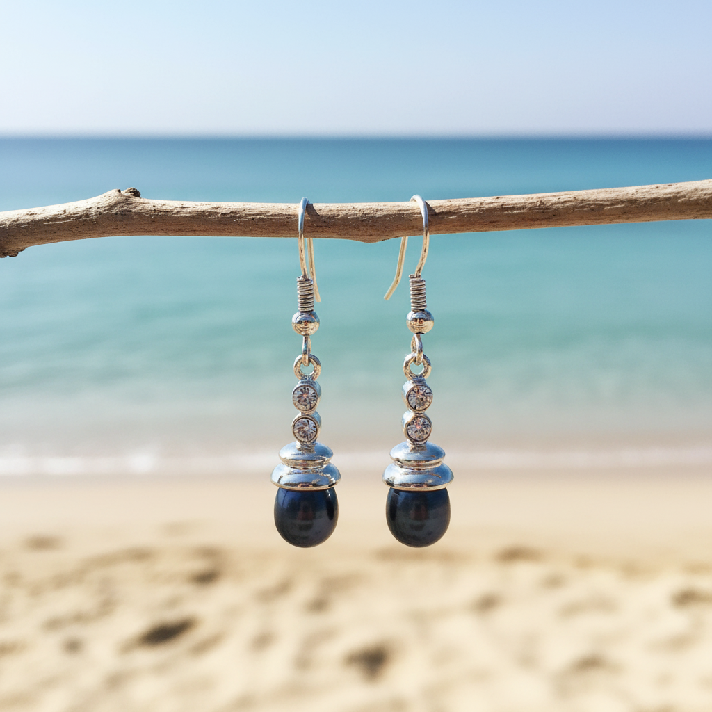 Zwarte zoetwater parel oorbellen met stras steentjes en sterling zilver (925) hangend an takje met achtergrond zee | Dong