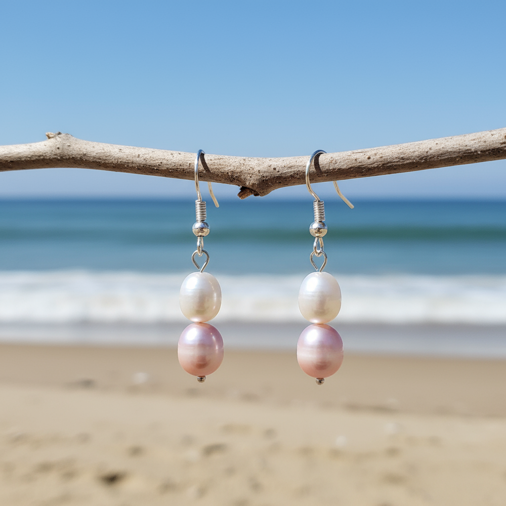Zoetwater parel oorbellen met witte en zalm roze parels en sterling zilver (925) hangend aan takje met achtergrond zee | Elynn