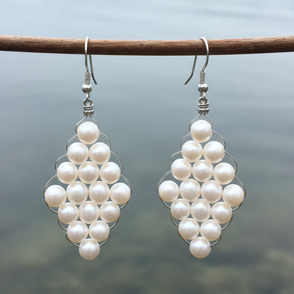 Witte zoetwater parel oorbellen met witte parels in ruit vorm met sterling zilver 925 hangend aan takje | Big Rhombus Pearl