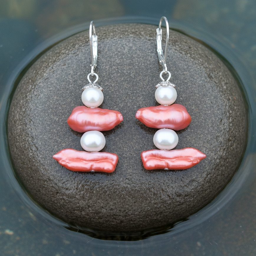 Zoetwater parel oorbellen met witte parel, gekleurde biwa parel en sterling zilver (925) liggend op steen | Biwa Lipstick 