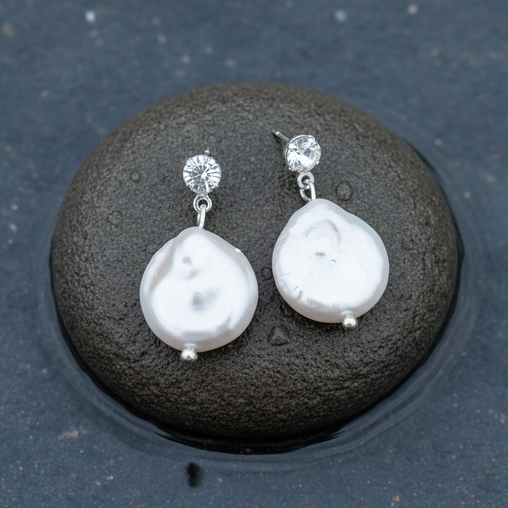Witte zoetwater parel oorbellen met witte coin parels en stras steentjes liggend op steen in water | Bling Colly