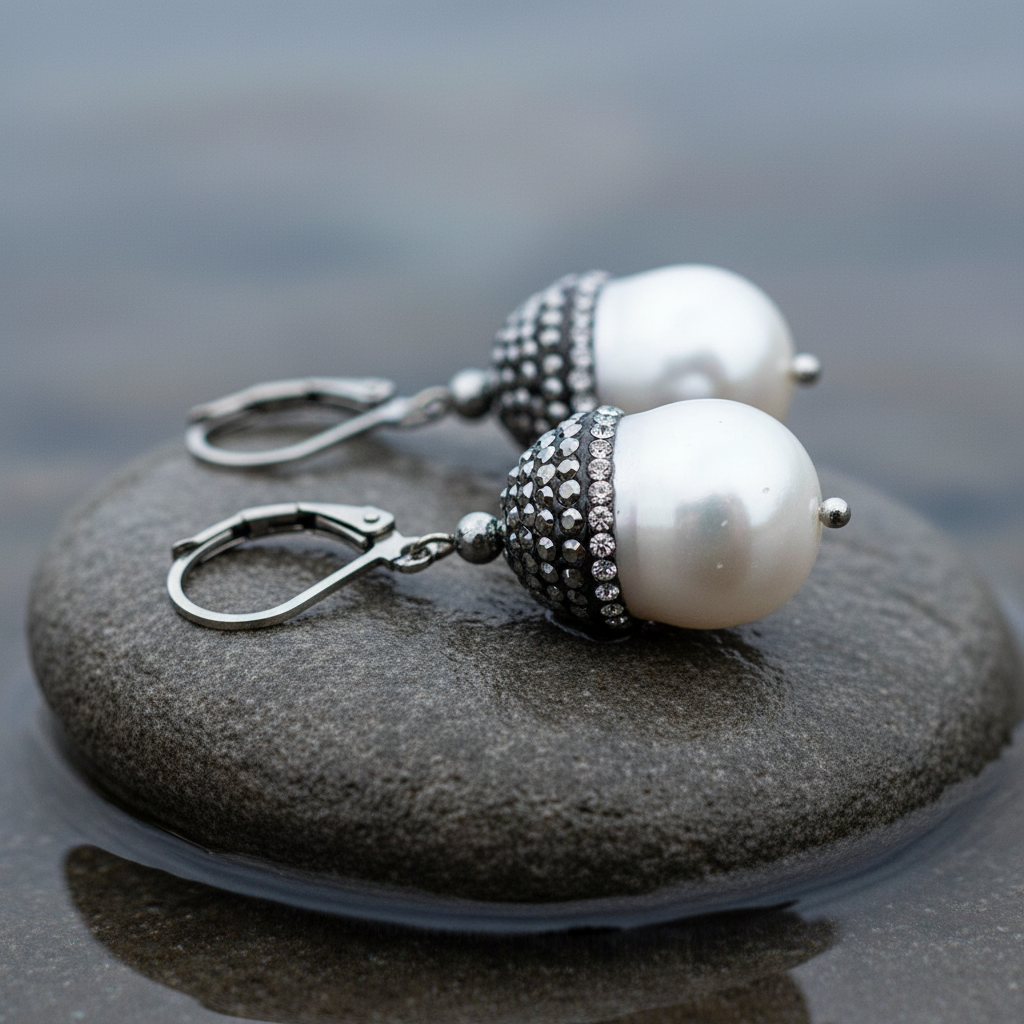 Zoetwater parel oorbellen met witte parel, stras steentjes en sterling zilver 925 liggend op steen | Bling Pearl Big Nuts