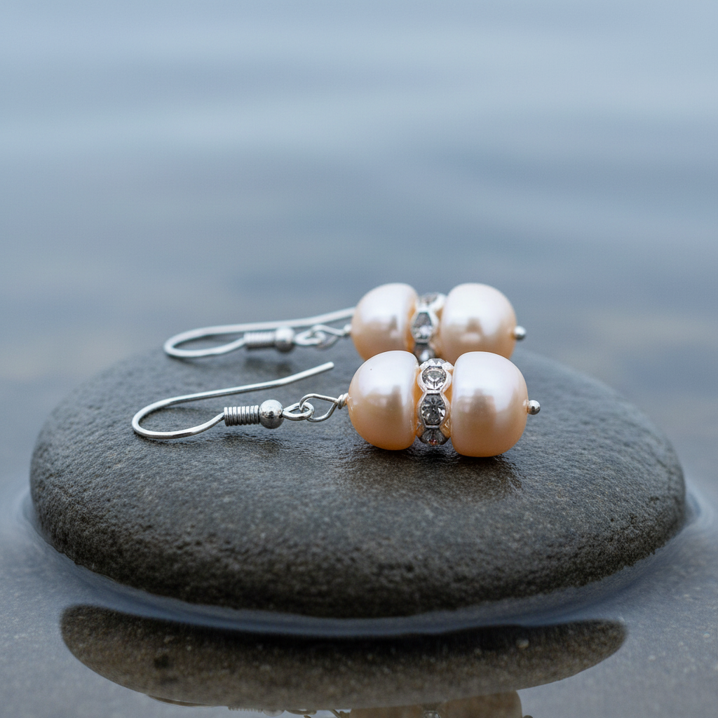 Zoetwater parel oorbellen met zalm kleurige parels, stras steentjes en sterling zilver 925 liggend op steen | Bling Pearl Peach